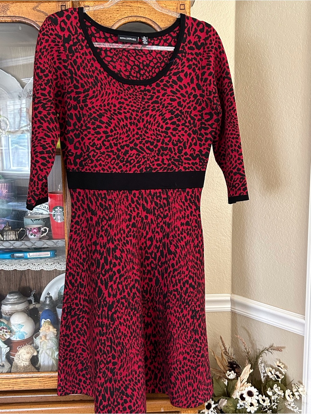 Nina Leonard Red and Black Leopard-Print Fit-and-Flare Long Sleeve Dress